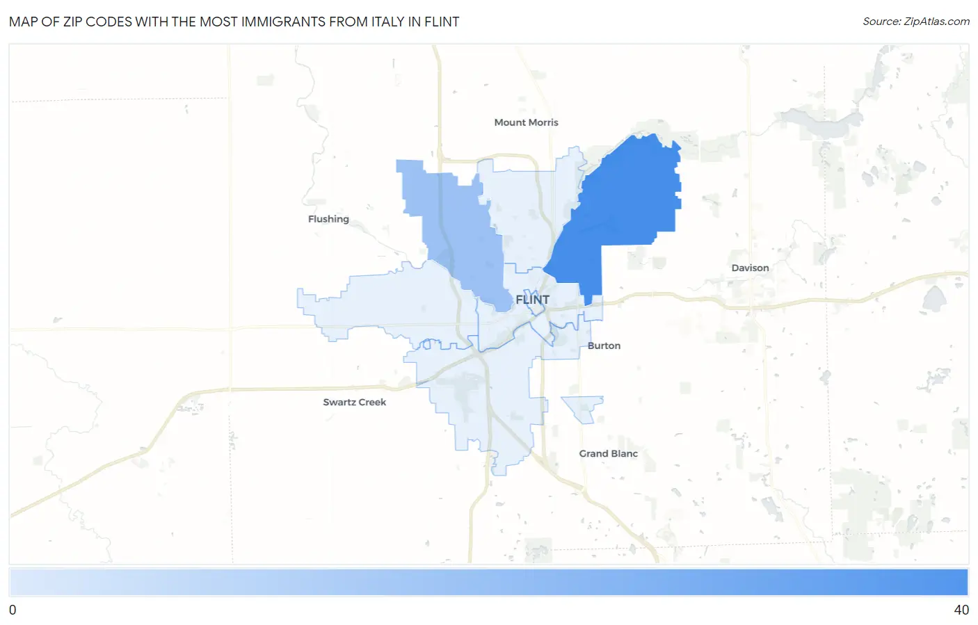 Zip Codes with the Most Immigrants from Italy in Flint Map