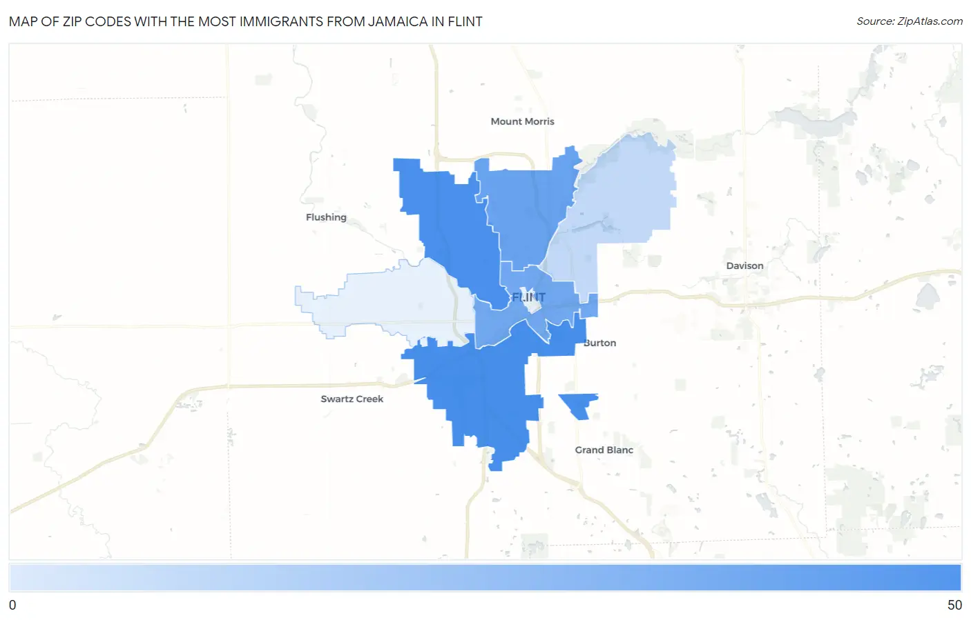 Zip Codes with the Most Immigrants from Jamaica in Flint Map