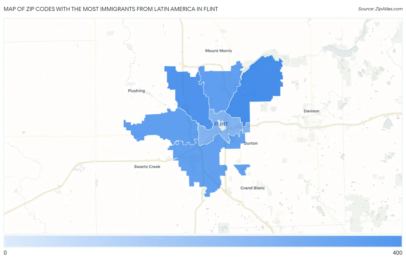 Zip Codes with the Most Immigrants from Latin America in Flint Map