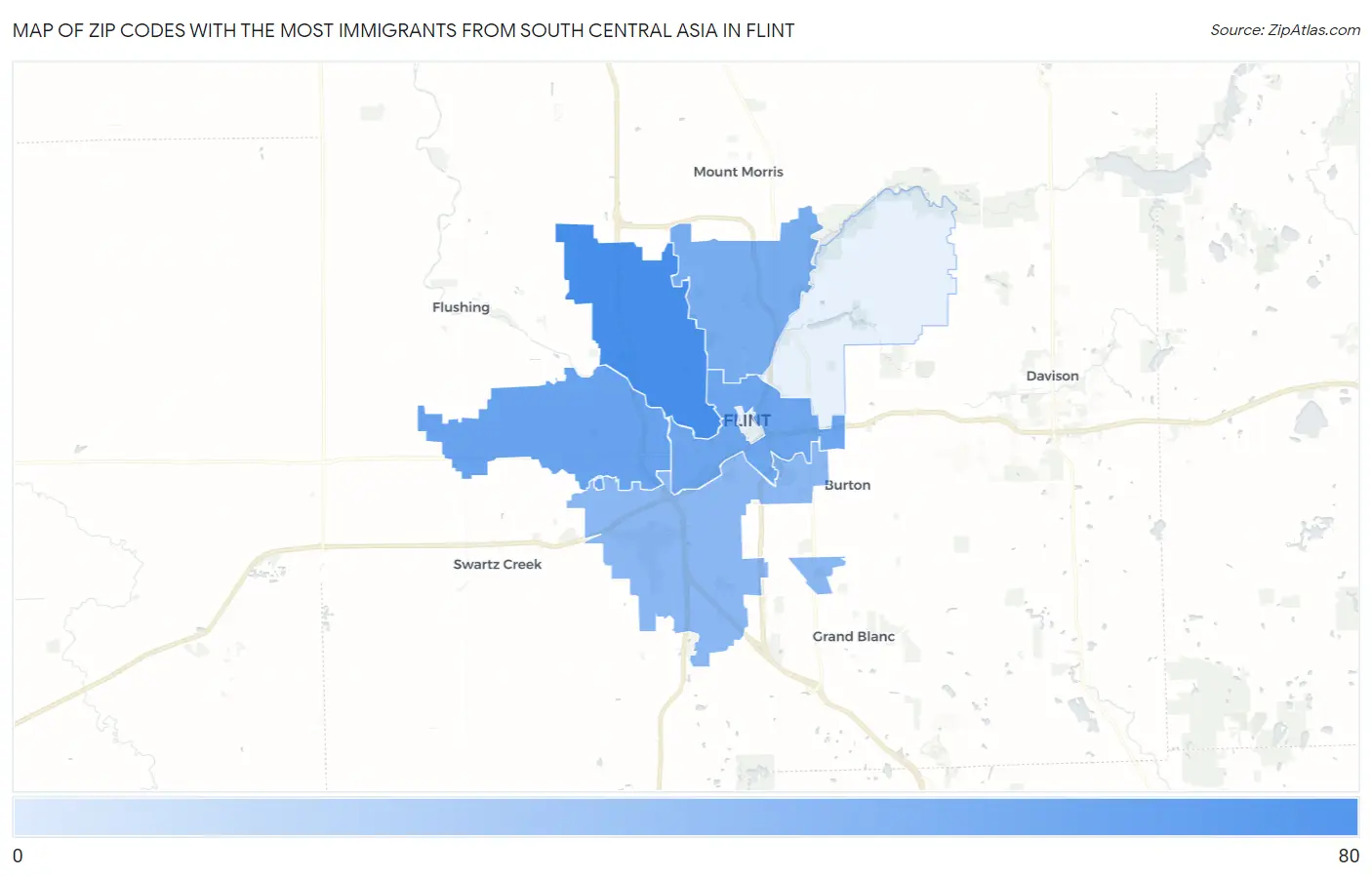 Zip Codes with the Most Immigrants from South Central Asia in Flint Map