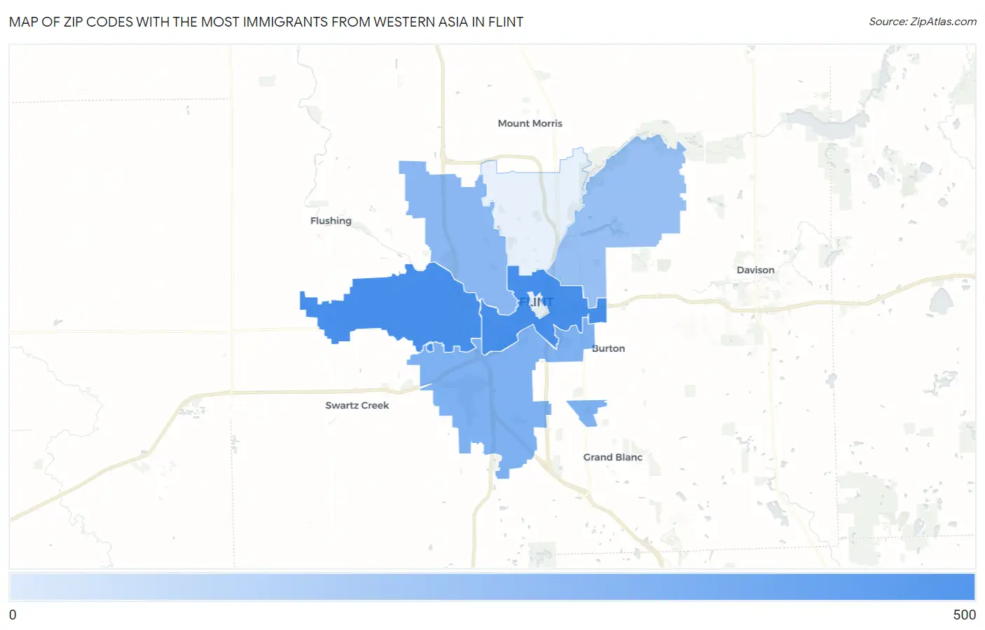 Zip Codes with the Most Immigrants from Western Asia in Flint Map