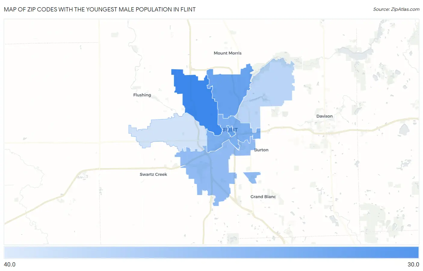 Zip Codes with the Youngest Male Population in Flint Map