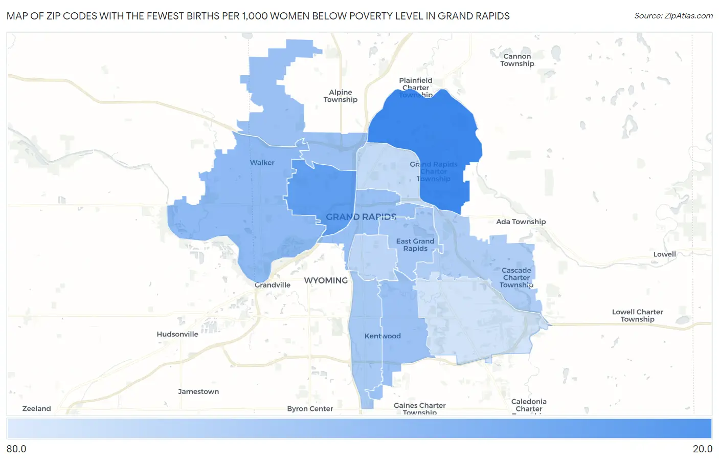 Zip Codes with the Fewest Births per 1,000 Women Below Poverty Level in Grand Rapids Map