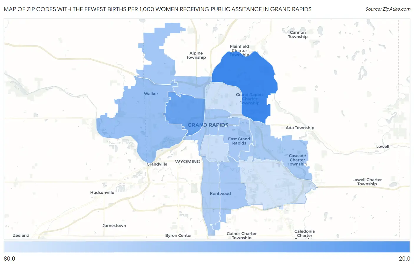 Zip Codes with the Fewest Births per 1,000 Women Receiving Public Assitance in Grand Rapids Map