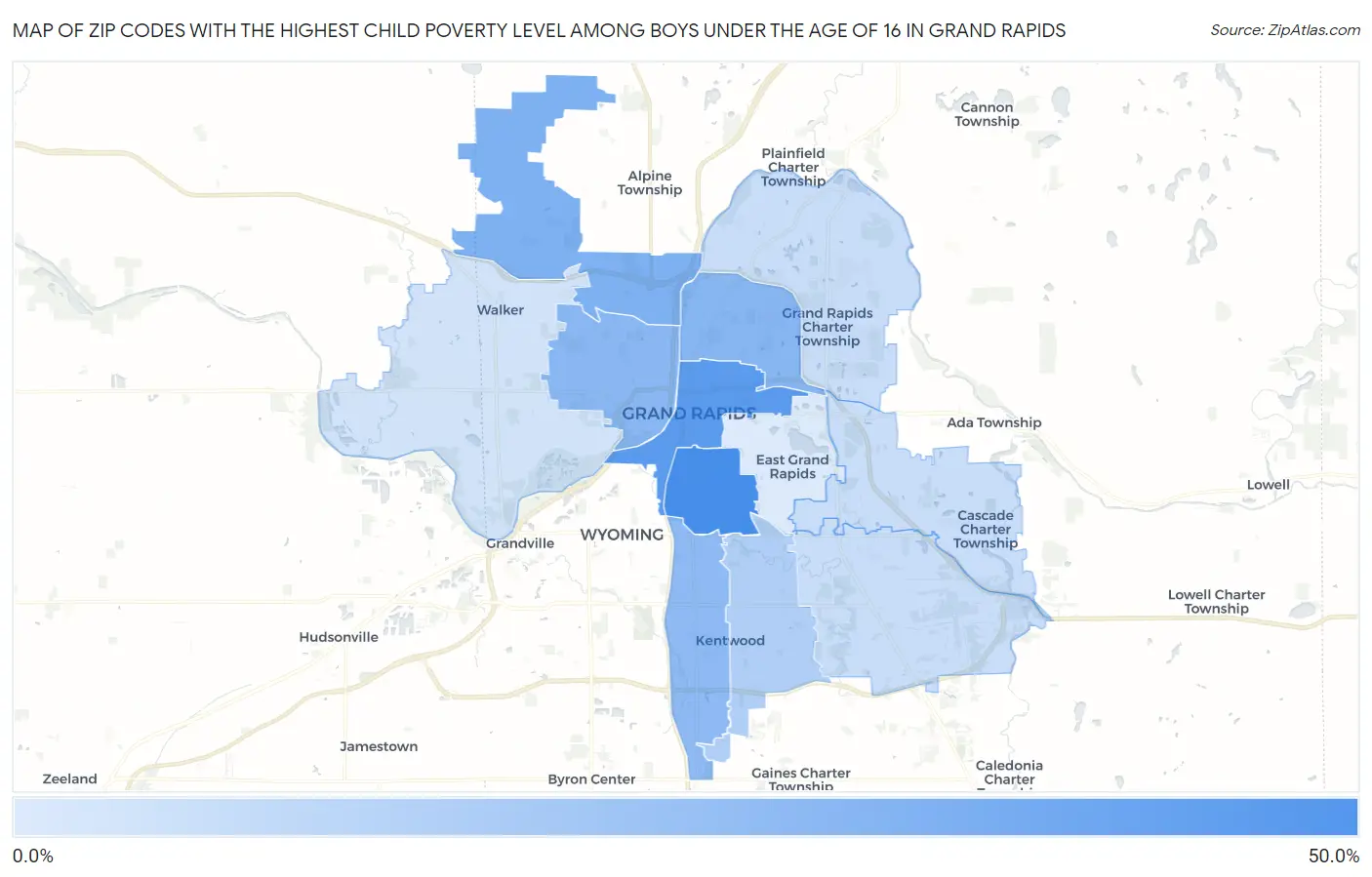 Zip Codes with the Highest Child Poverty Level Among Boys Under the Age of 16 in Grand Rapids Map