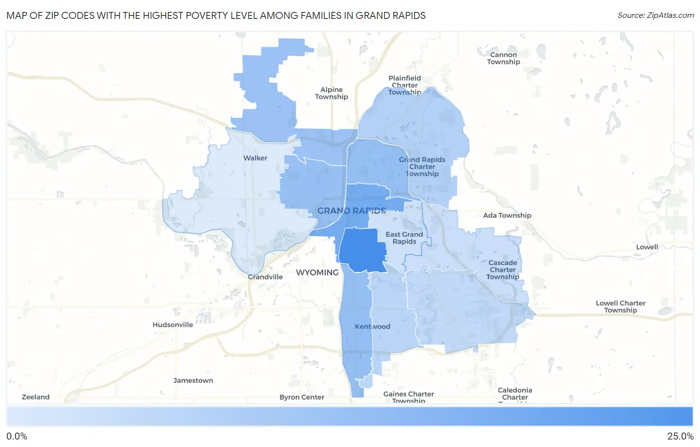 Zip Codes with the Highest Poverty Level Among Families in Grand Rapids Map