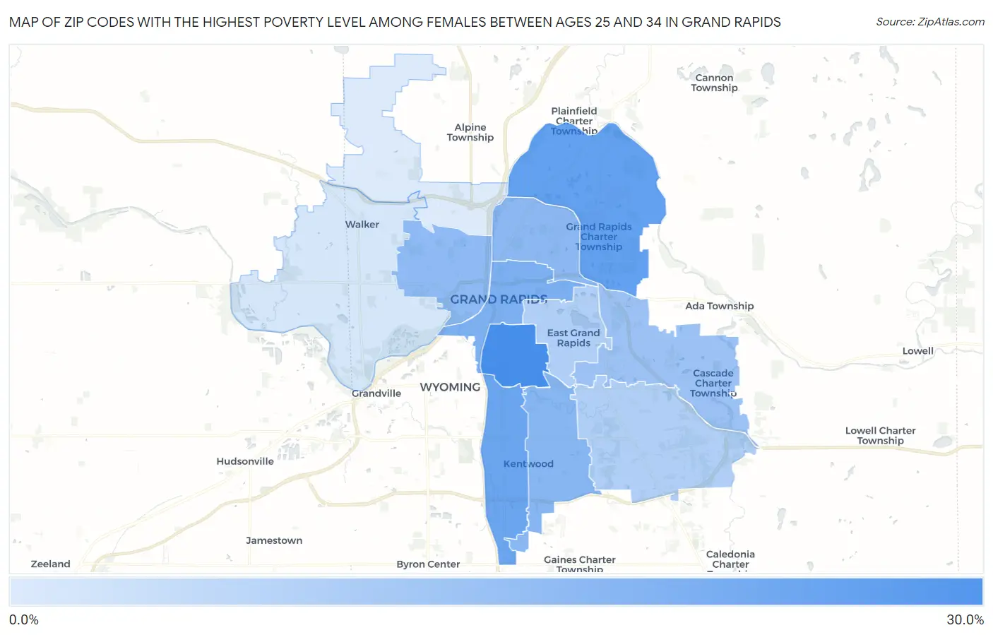 Zip Codes with the Highest Poverty Level Among Females Between Ages 25 and 34 in Grand Rapids Map