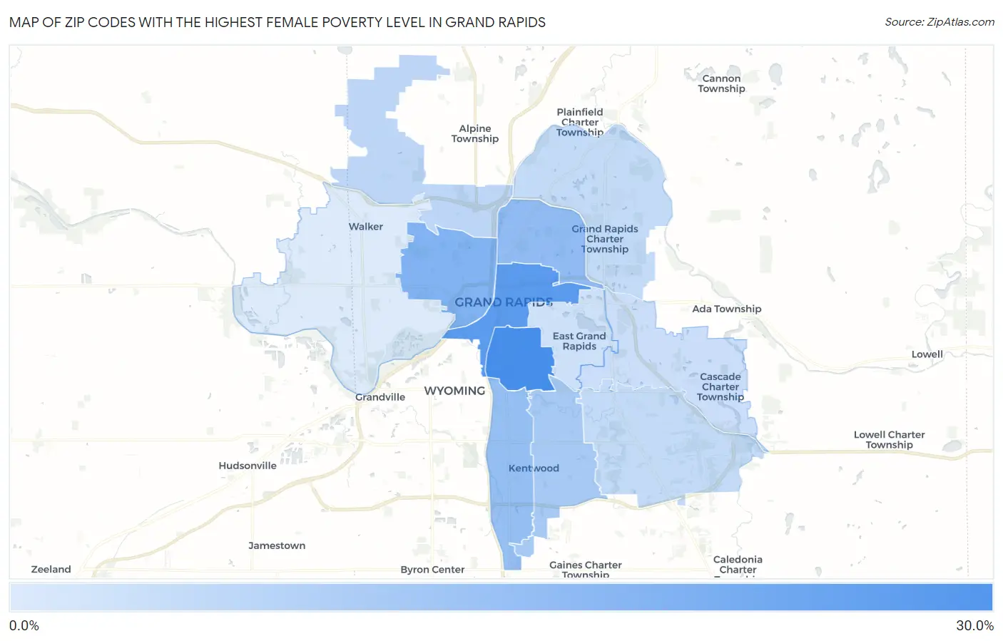 Zip Codes with the Highest Female Poverty Level in Grand Rapids Map