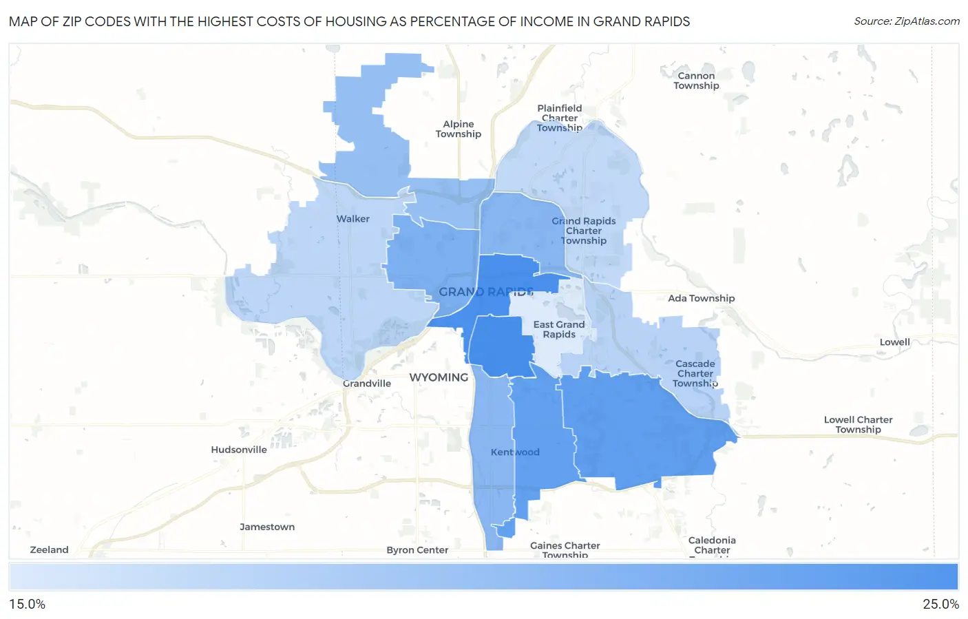 Zip Codes with the Highest Costs of Housing as Percentage of Income in Grand Rapids Map