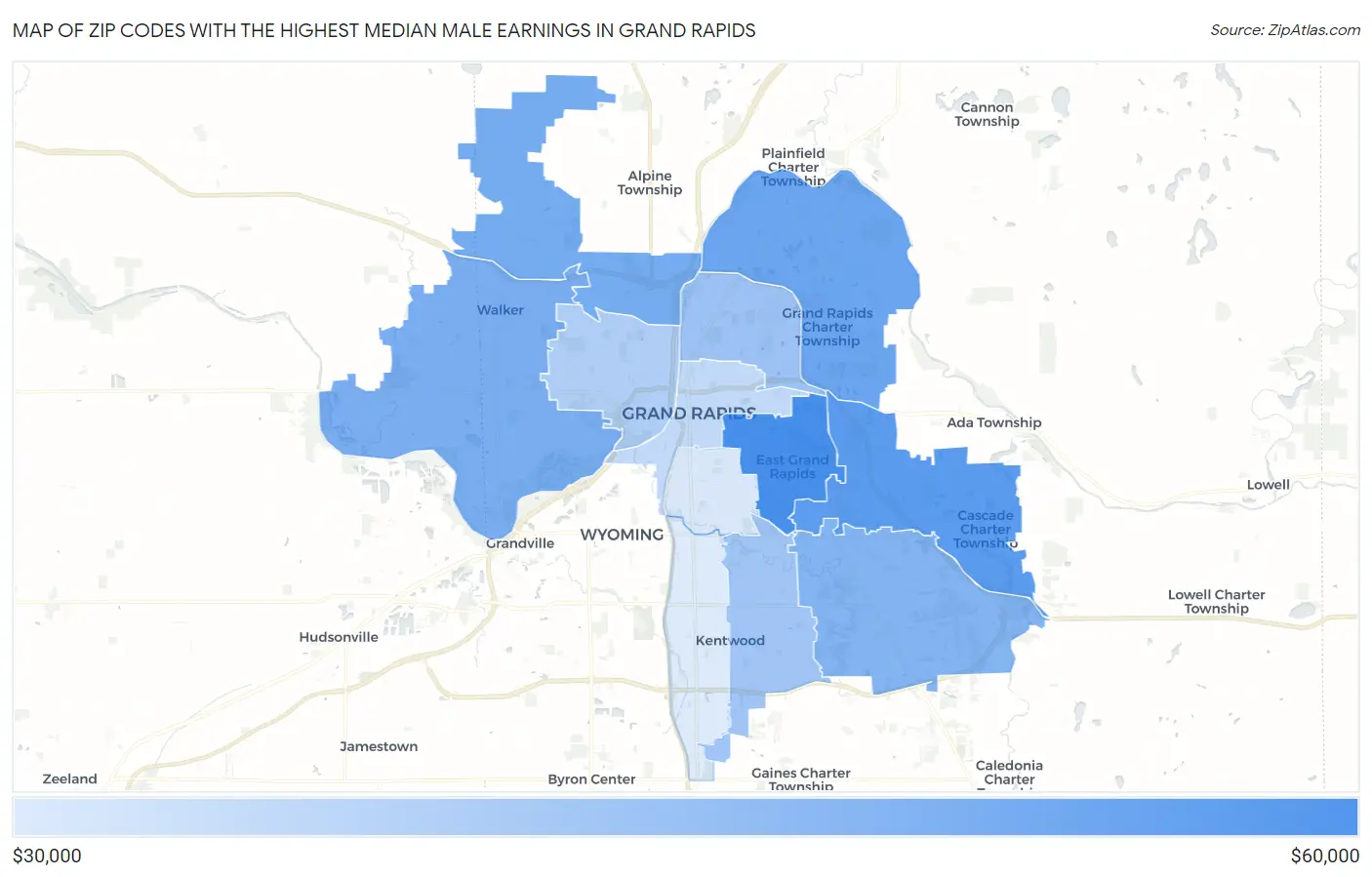 Zip Codes with the Highest Median Male Earnings in Grand Rapids Map