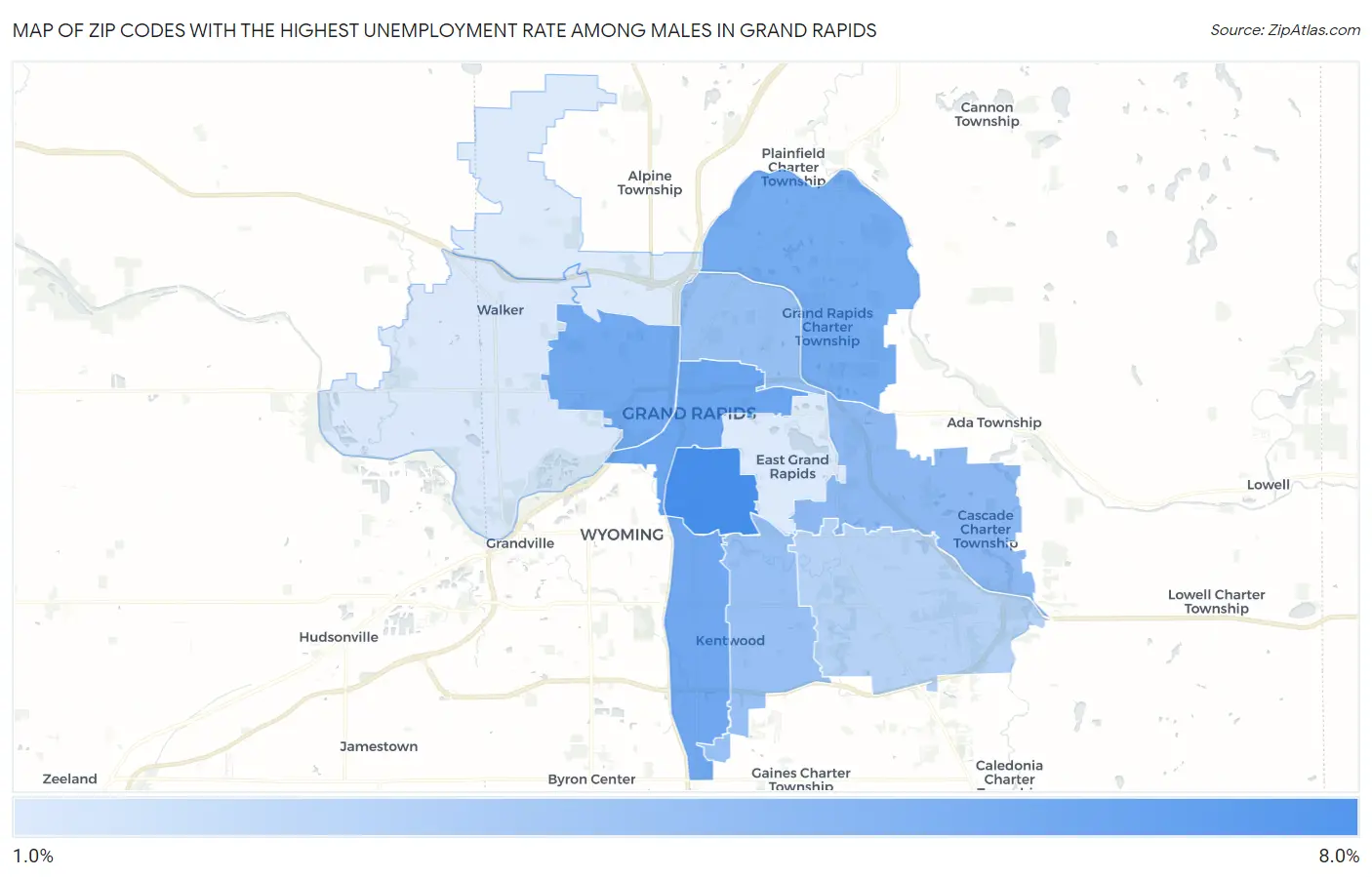 Zip Codes with the Highest Unemployment Rate Among Males in Grand Rapids Map