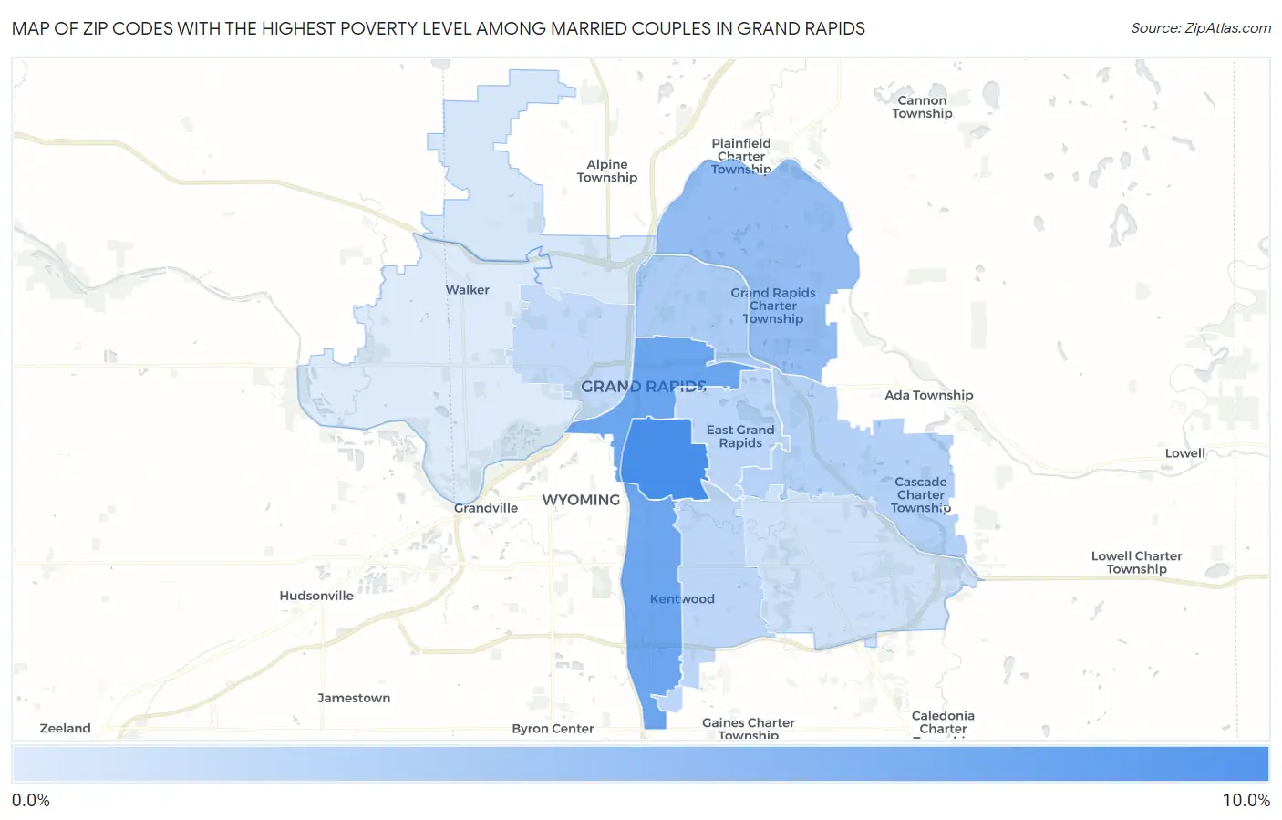 Zip Codes with the Highest Poverty Level Among Married Couples in Grand Rapids Map