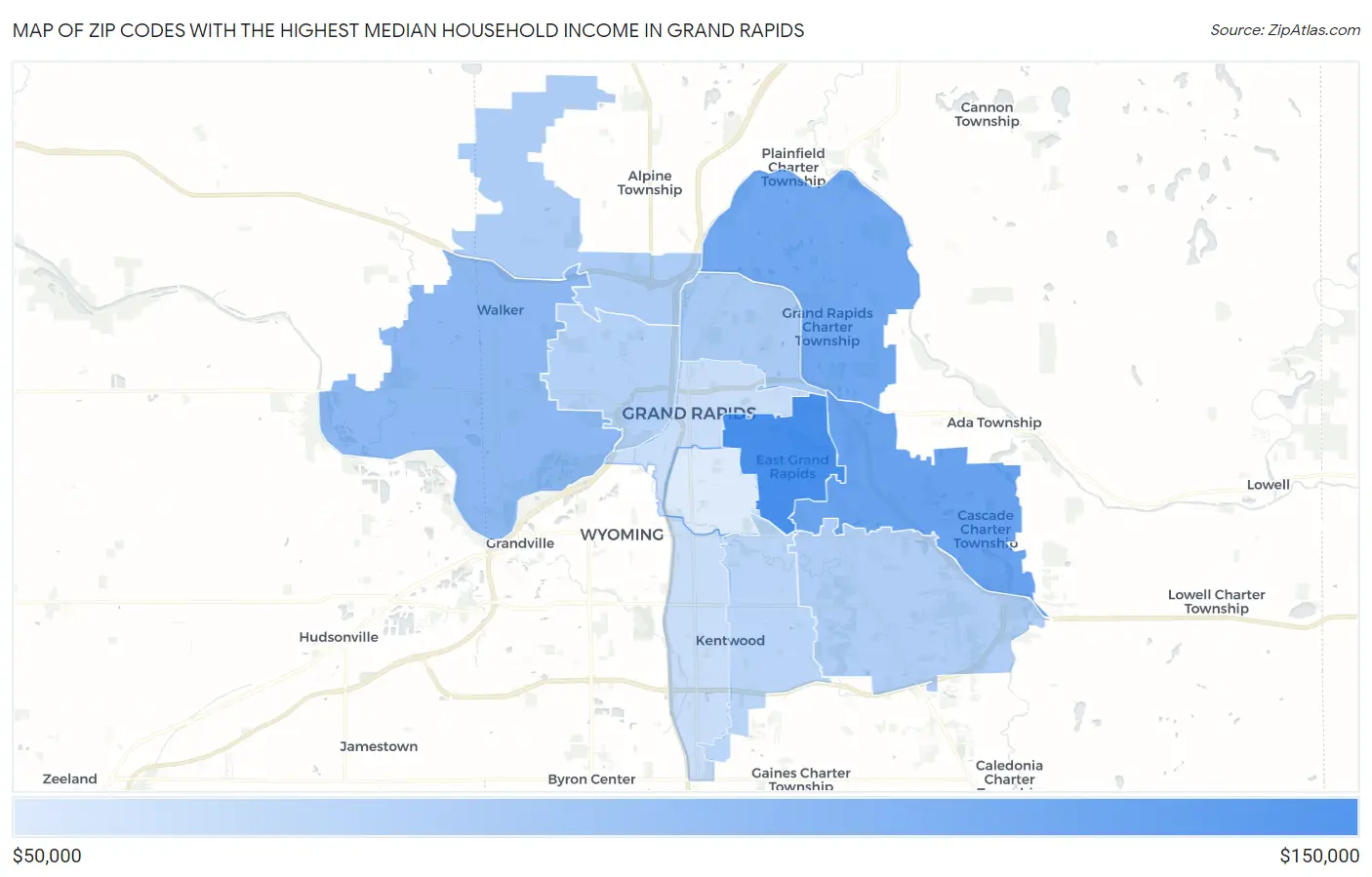 Zip Codes with the Highest Median Household Income in Grand Rapids Map