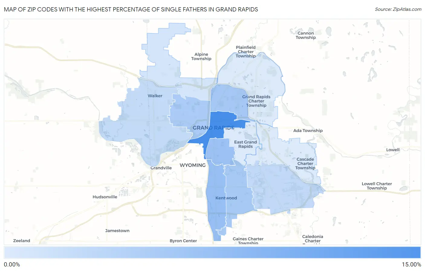 Zip Codes with the Highest Percentage of Single Fathers in Grand Rapids Map