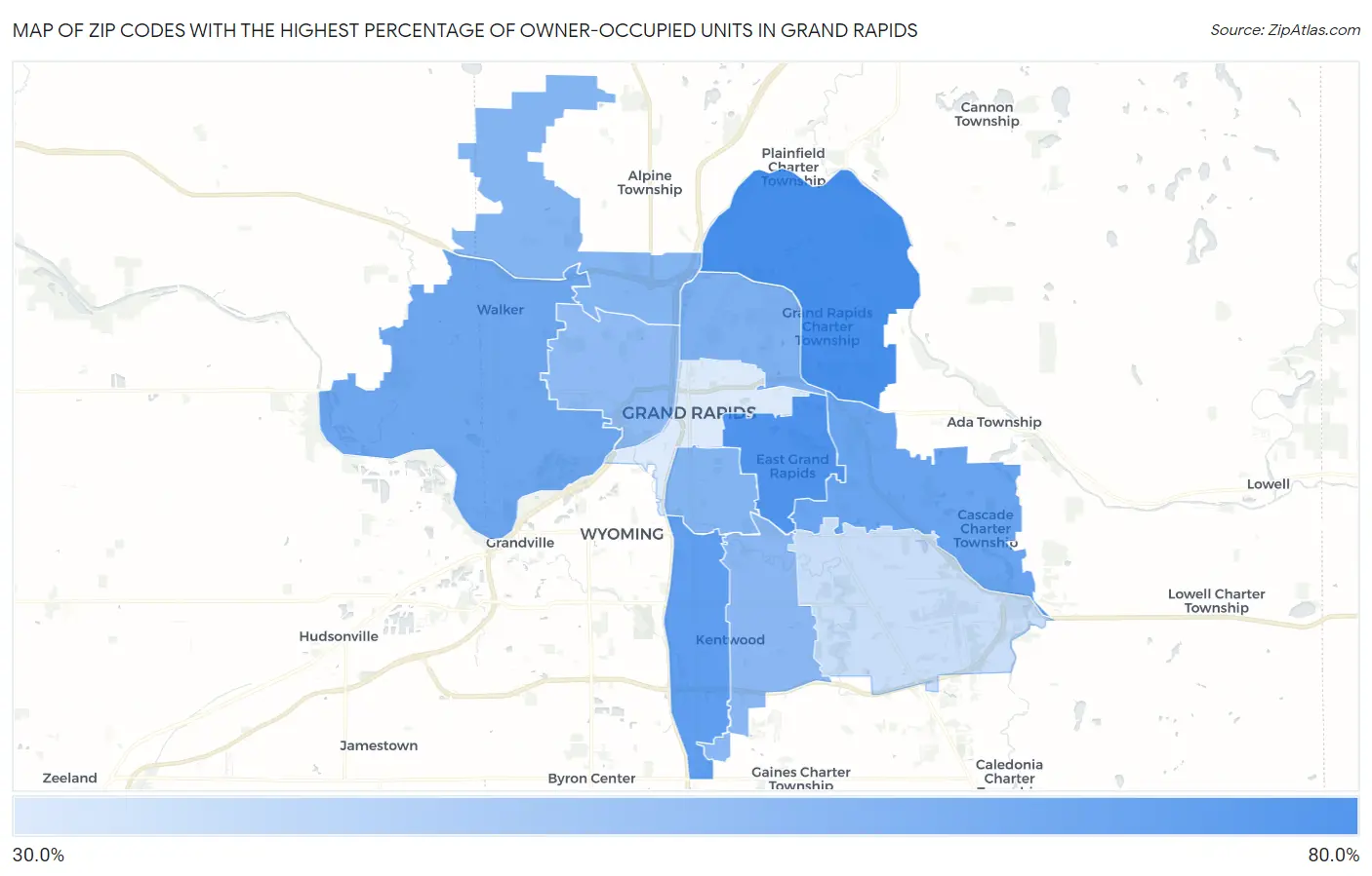 Zip Codes with the Highest Percentage of Owner-Occupied Units in Grand Rapids Map