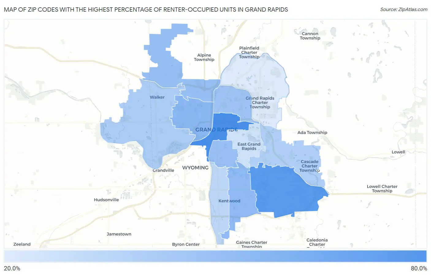 Zip Codes with the Highest Percentage of Renter-Occupied Units in Grand Rapids Map