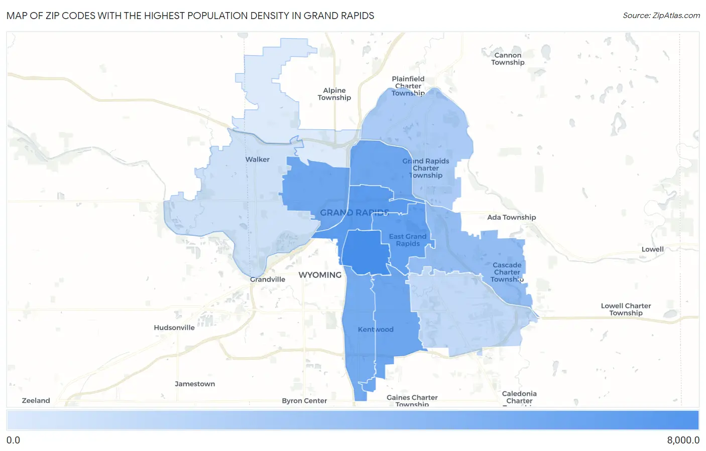 Zip Codes with the Highest Population Density in Grand Rapids Map