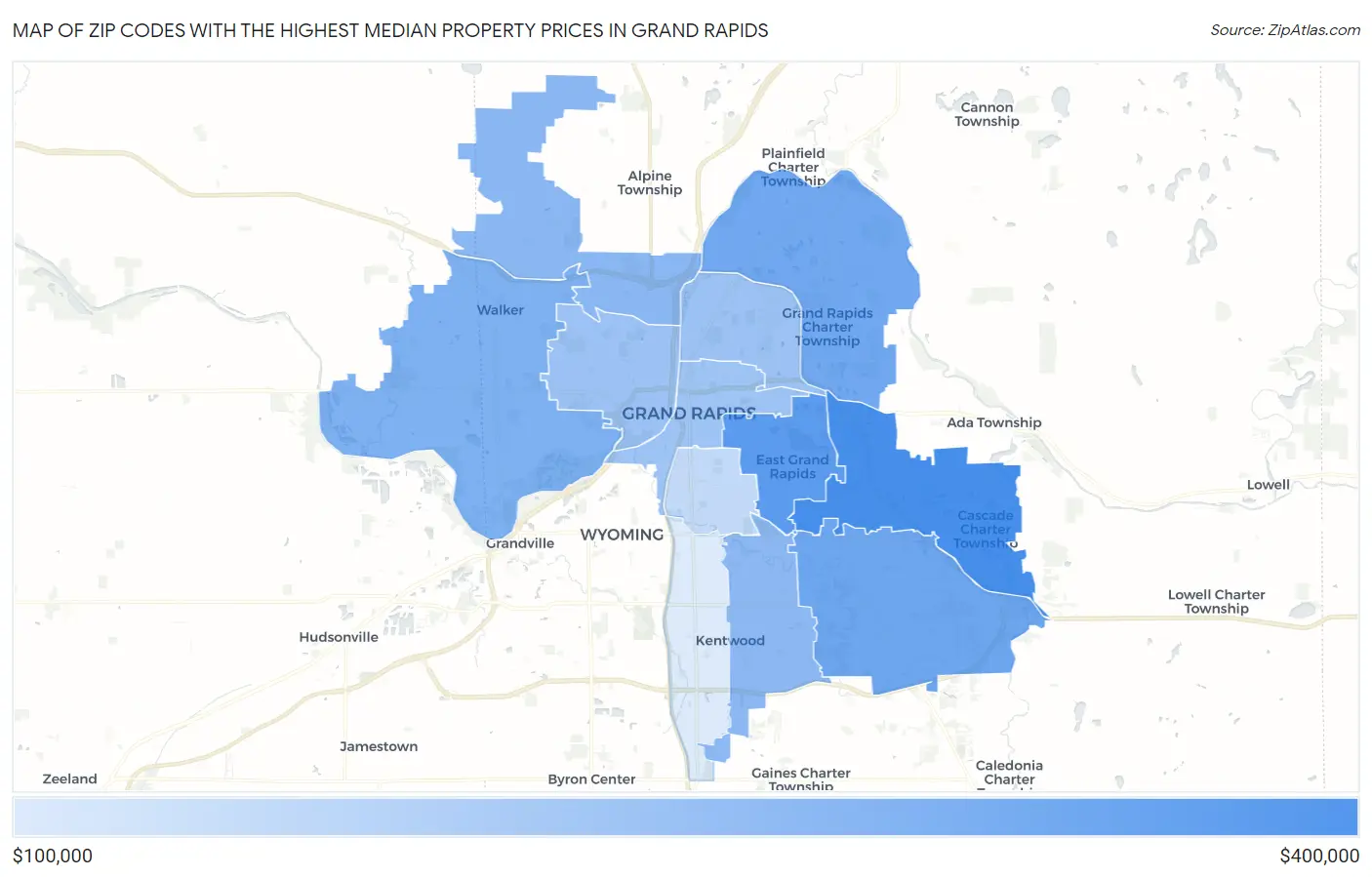 Zip Codes with the Highest Median Property Prices in Grand Rapids Map