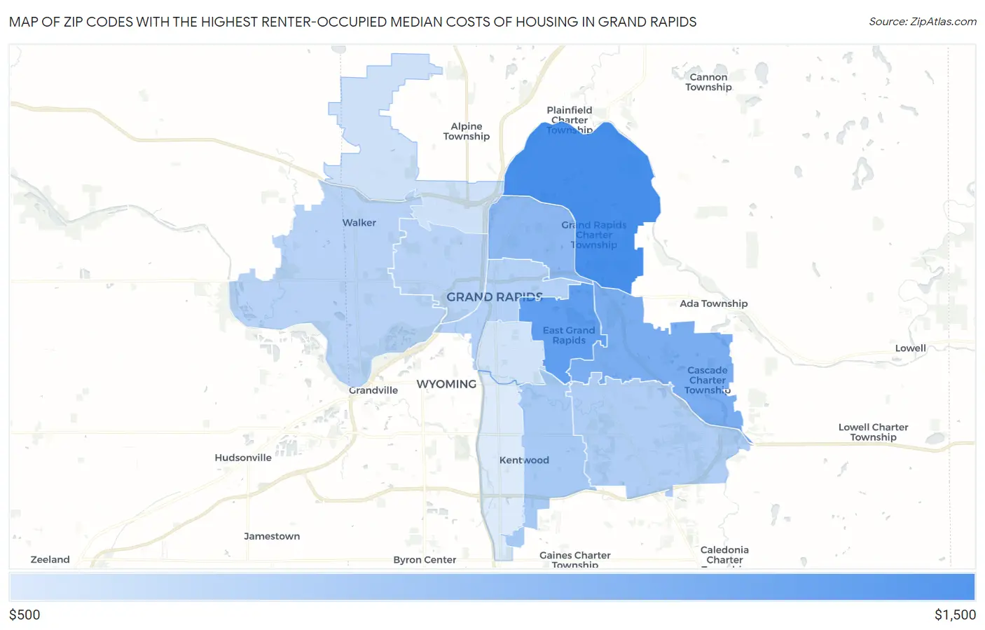 Zip Codes with the Highest Renter-Occupied Median Costs of Housing in Grand Rapids Map