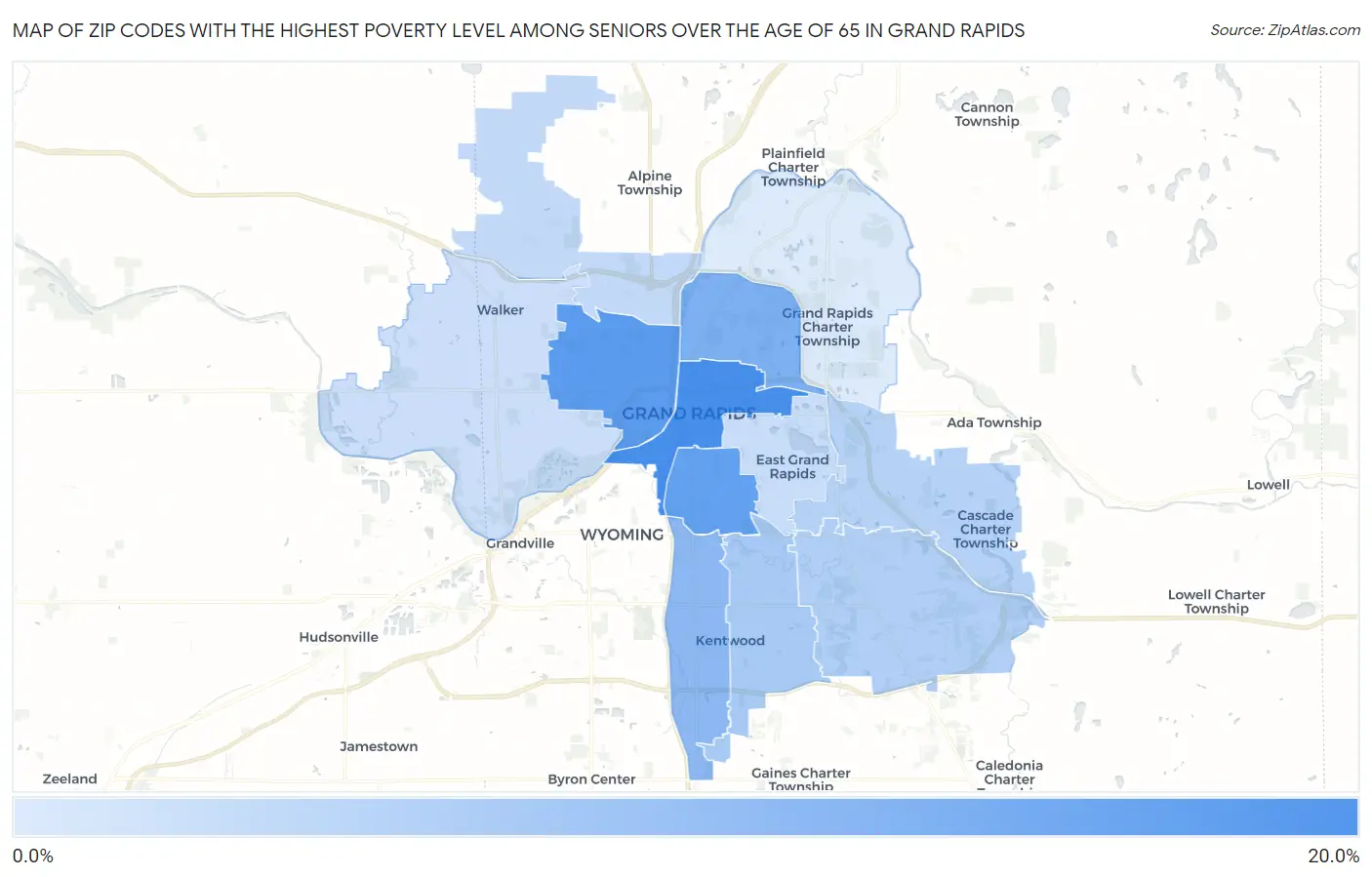 Zip Codes with the Highest Poverty Level Among Seniors Over the Age of 65 in Grand Rapids Map