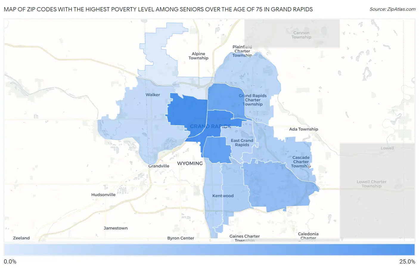 Zip Codes with the Highest Poverty Level Among Seniors Over the Age of 75 in Grand Rapids Map