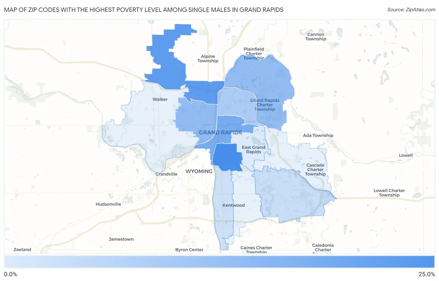 Zip Codes with the Highest Poverty Level Among Single Males in Grand Rapids Map