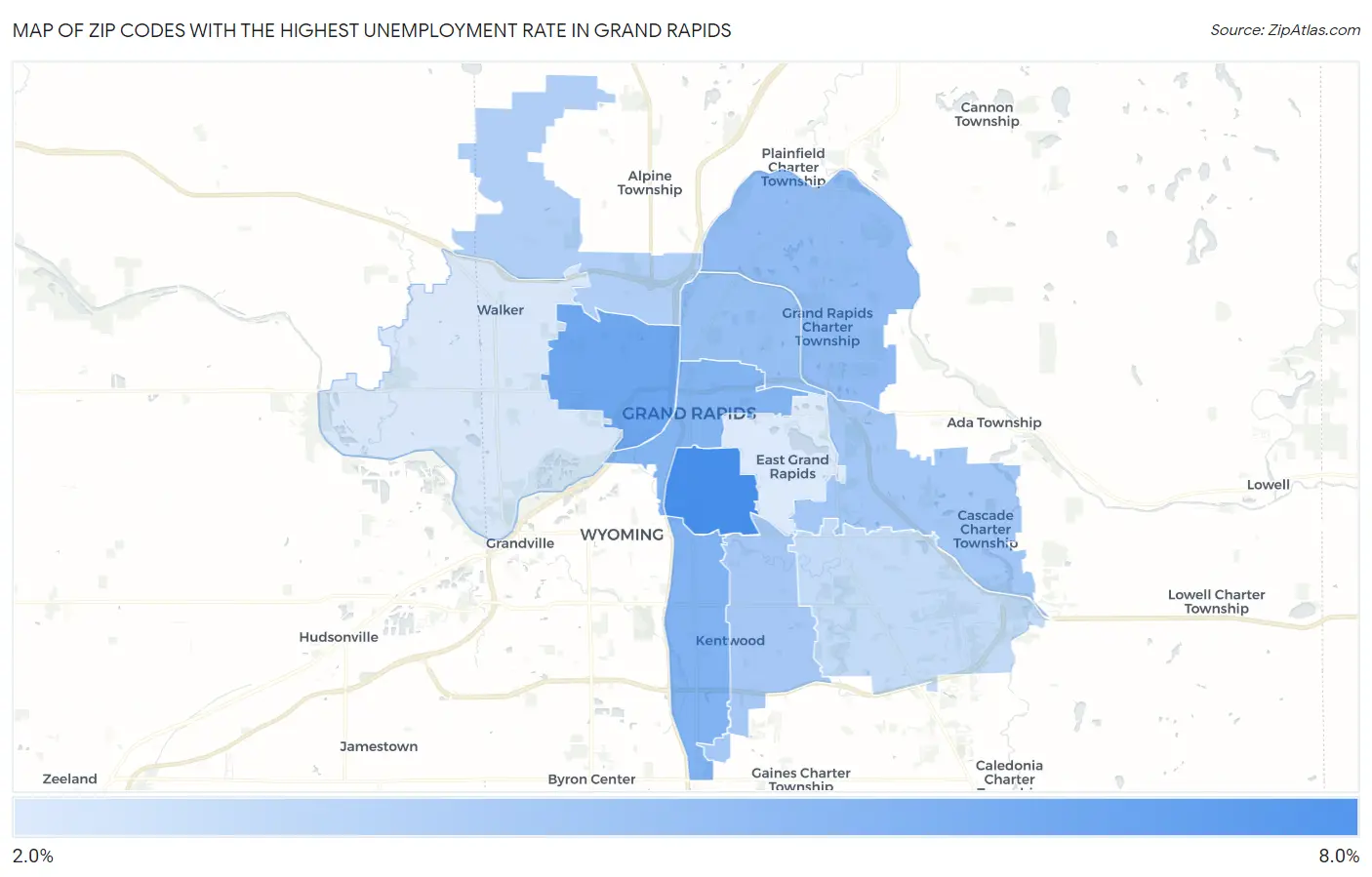 Zip Codes with the Highest Unemployment Rate in Grand Rapids Map