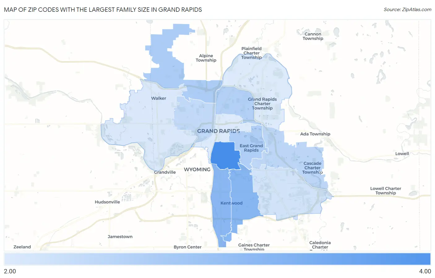 Zip Codes with the Largest Family Size in Grand Rapids Map