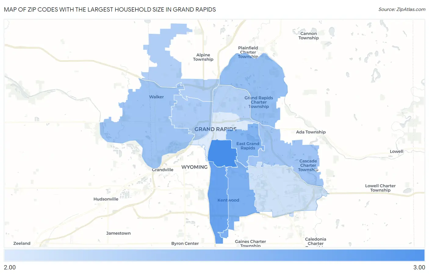 Zip Codes with the Largest Household Size in Grand Rapids Map