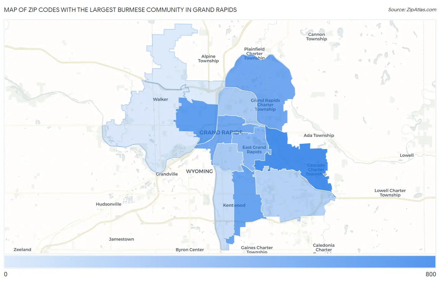 Zip Codes with the Largest Burmese Community in Grand Rapids Map