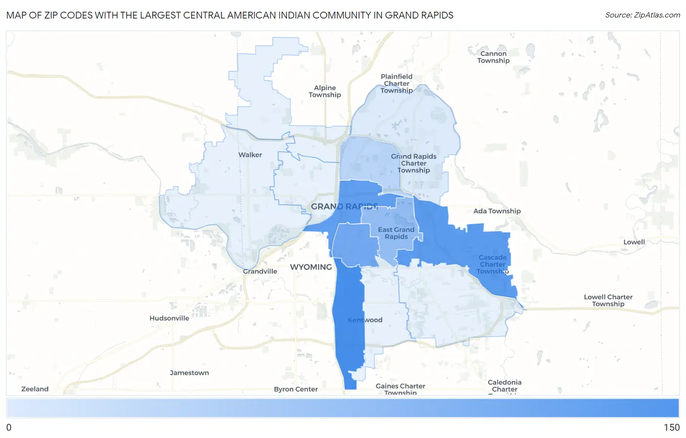 Zip Codes with the Largest Central American Indian Community in Grand Rapids Map