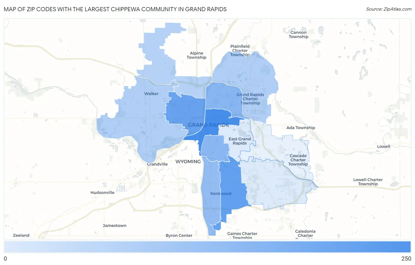 Zip Codes with the Largest Chippewa Community in Grand Rapids Map