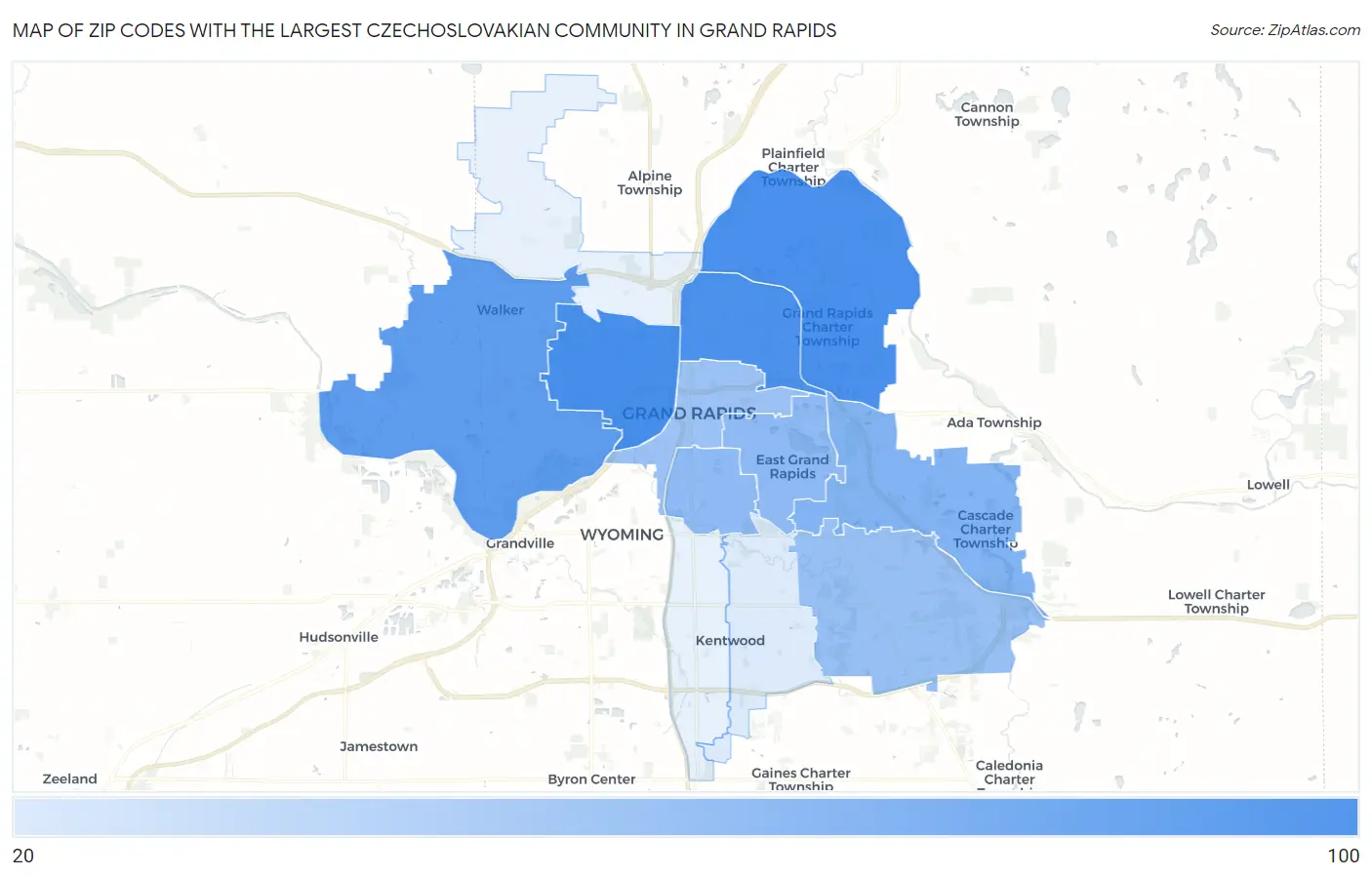 Zip Codes with the Largest Czechoslovakian Community in Grand Rapids Map