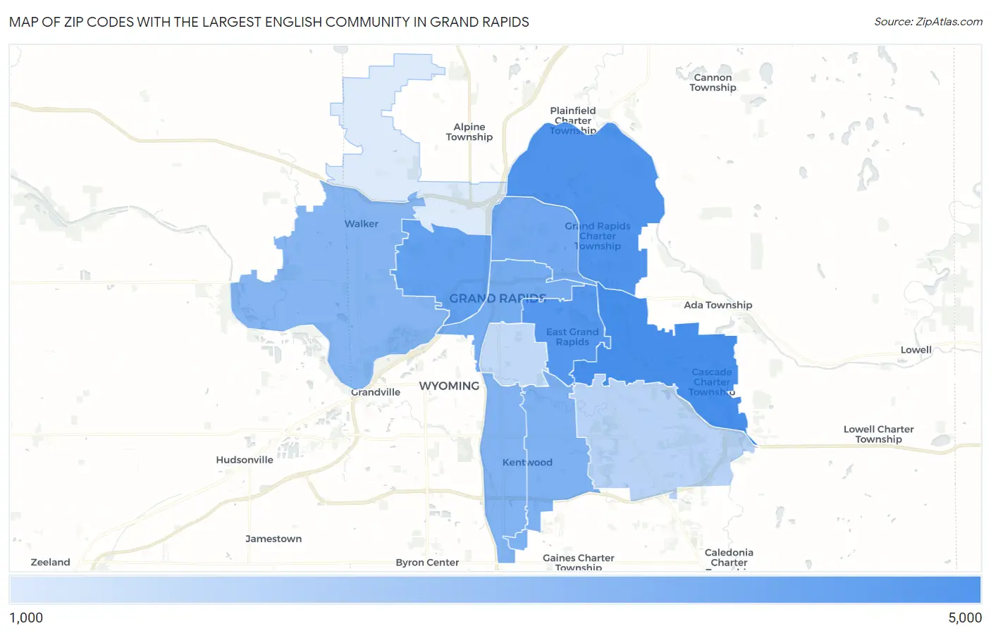 Zip Codes with the Largest English Community in Grand Rapids Map