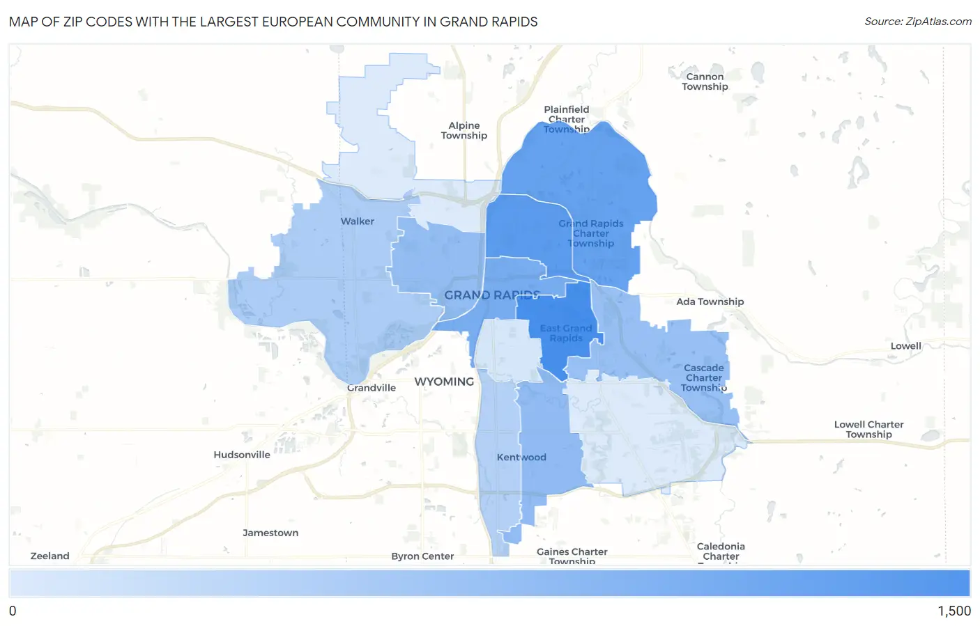 Zip Codes with the Largest European Community in Grand Rapids Map