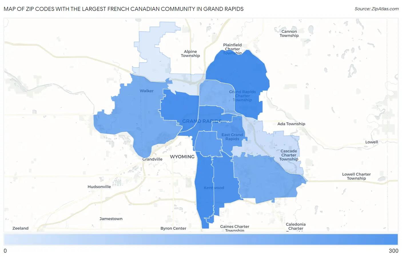 Zip Codes with the Largest French Canadian Community in Grand Rapids Map