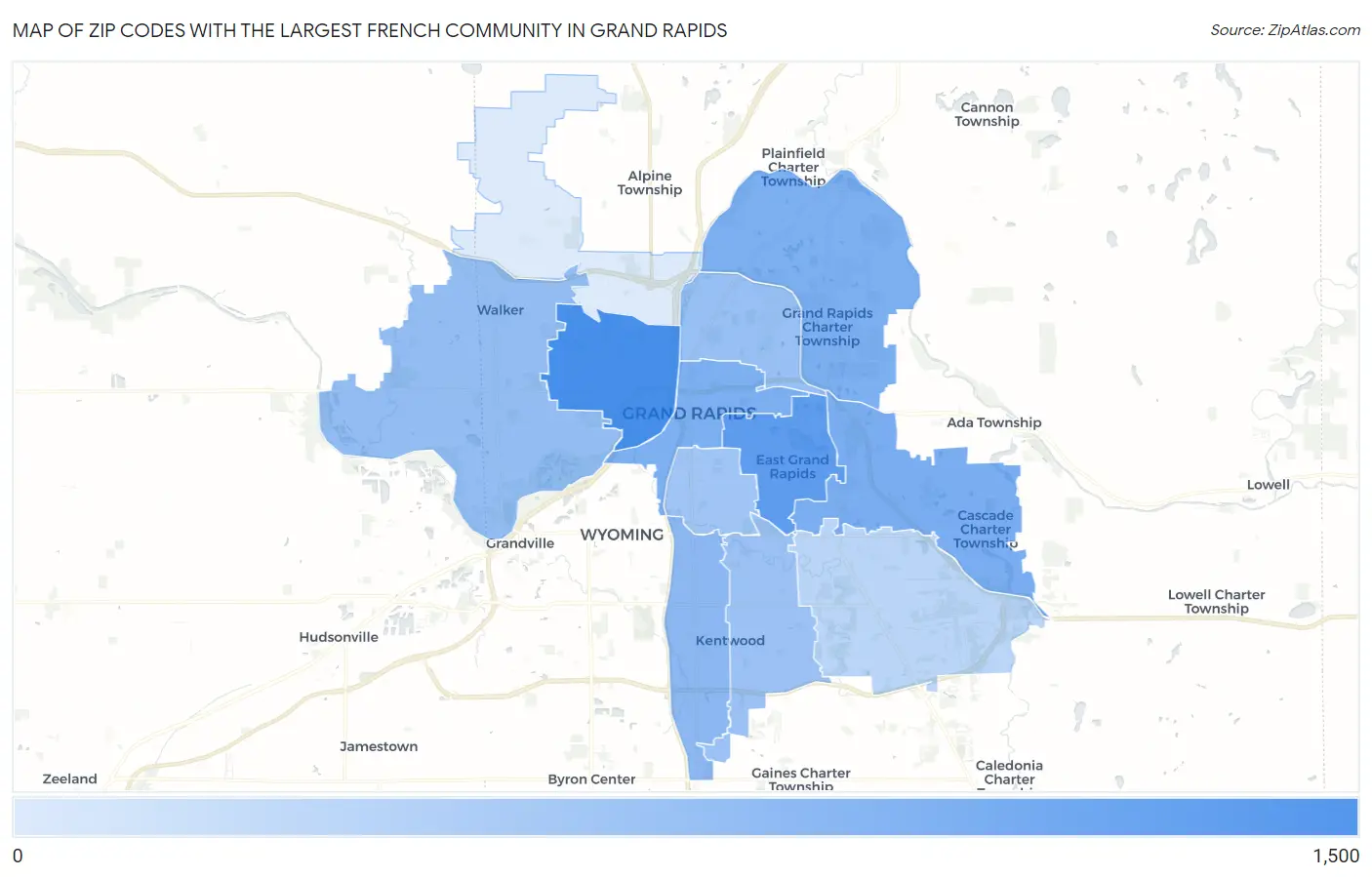Zip Codes with the Largest French Community in Grand Rapids Map
