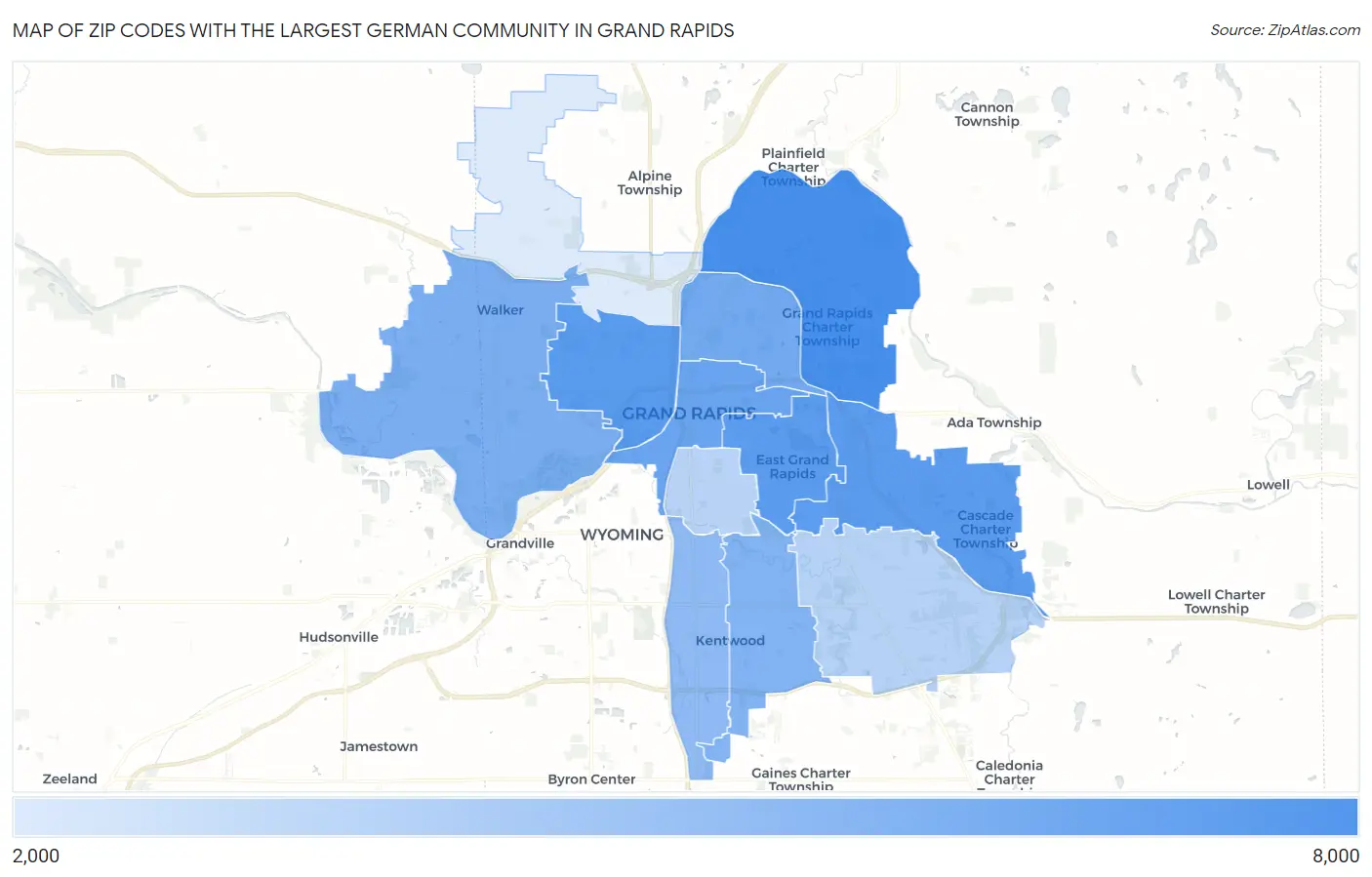 Zip Codes with the Largest German Community in Grand Rapids Map