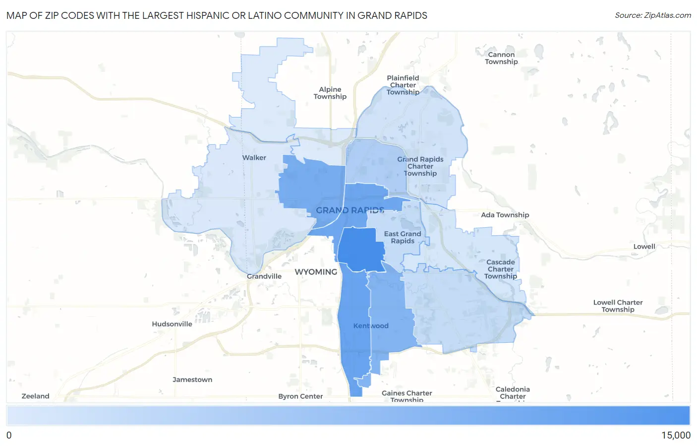 Zip Codes with the Largest Hispanic or Latino Community in Grand Rapids Map