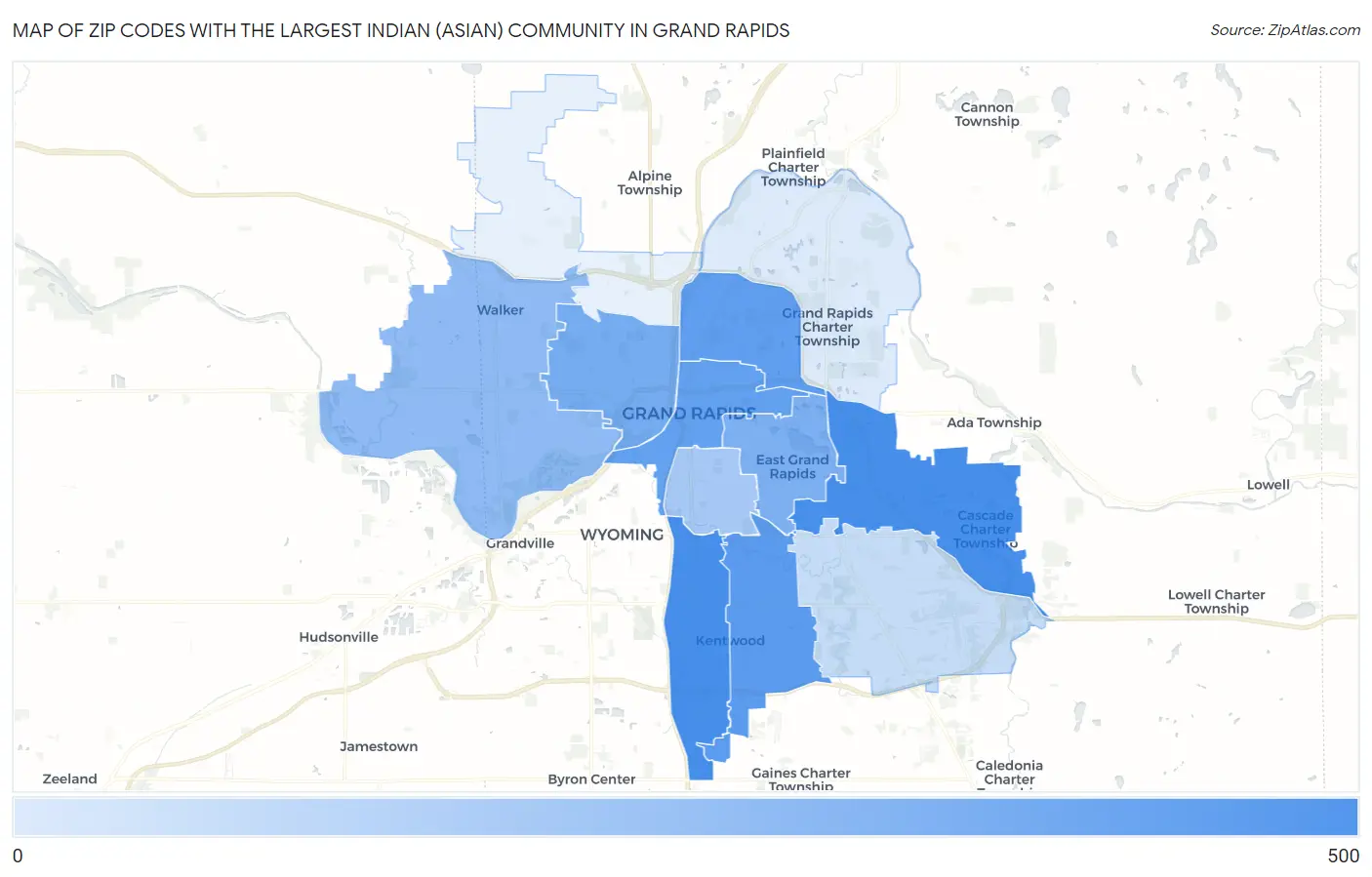 Zip Codes with the Largest Indian (Asian) Community in Grand Rapids Map