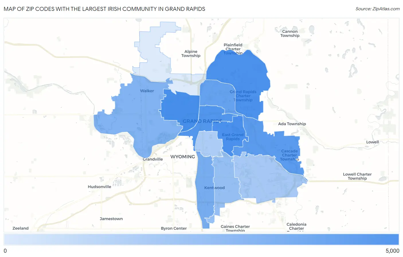 Zip Codes with the Largest Irish Community in Grand Rapids Map