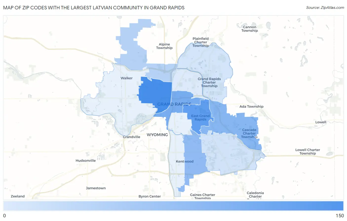 Zip Codes with the Largest Latvian Community in Grand Rapids Map