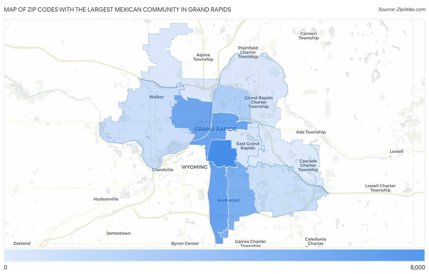 Zip Codes with the Largest Mexican Community in Grand Rapids Map