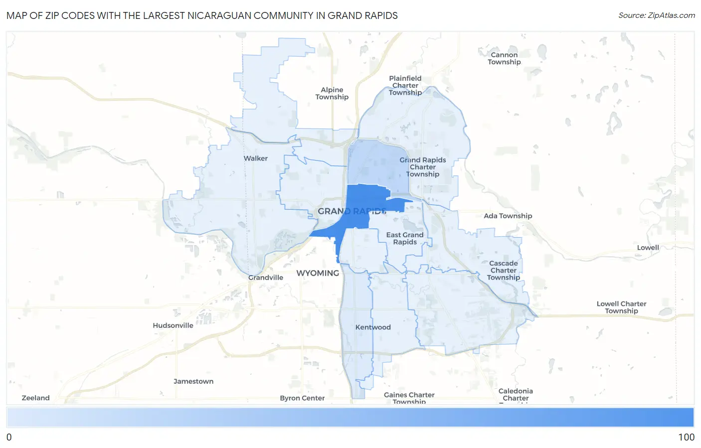 Zip Codes with the Largest Nicaraguan Community in Grand Rapids Map