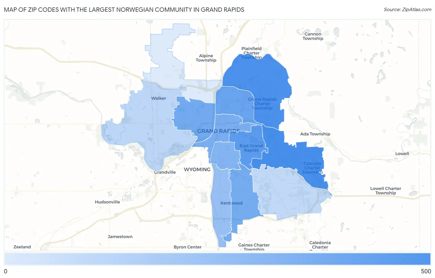 Zip Codes with the Largest Norwegian Community in Grand Rapids Map