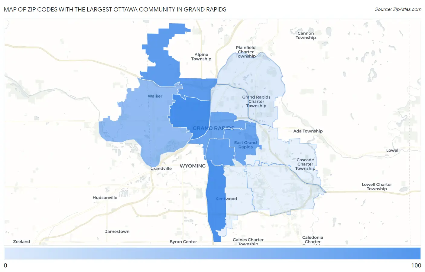 Zip Codes with the Largest Ottawa Community in Grand Rapids Map