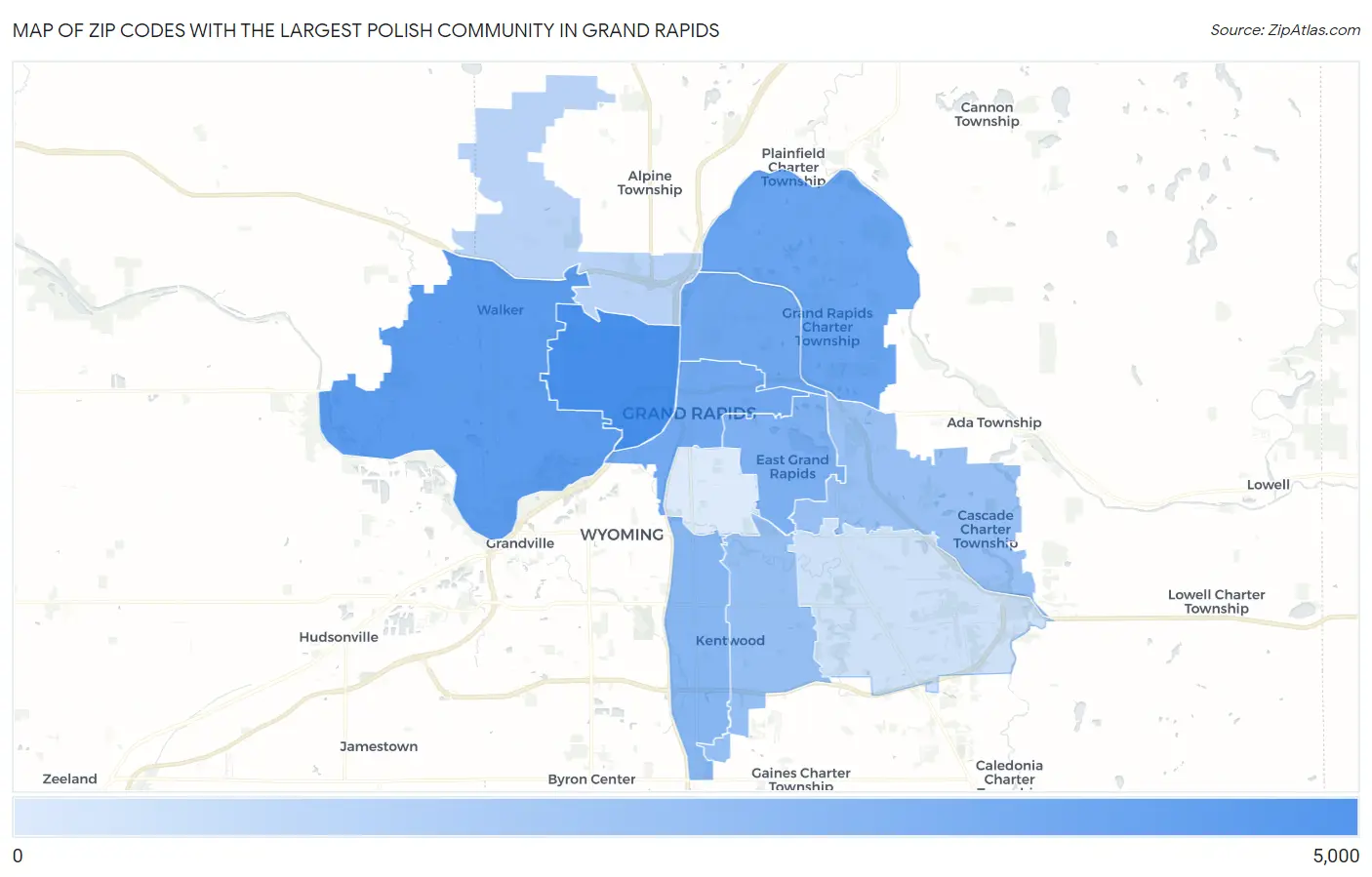 Zip Codes with the Largest Polish Community in Grand Rapids Map