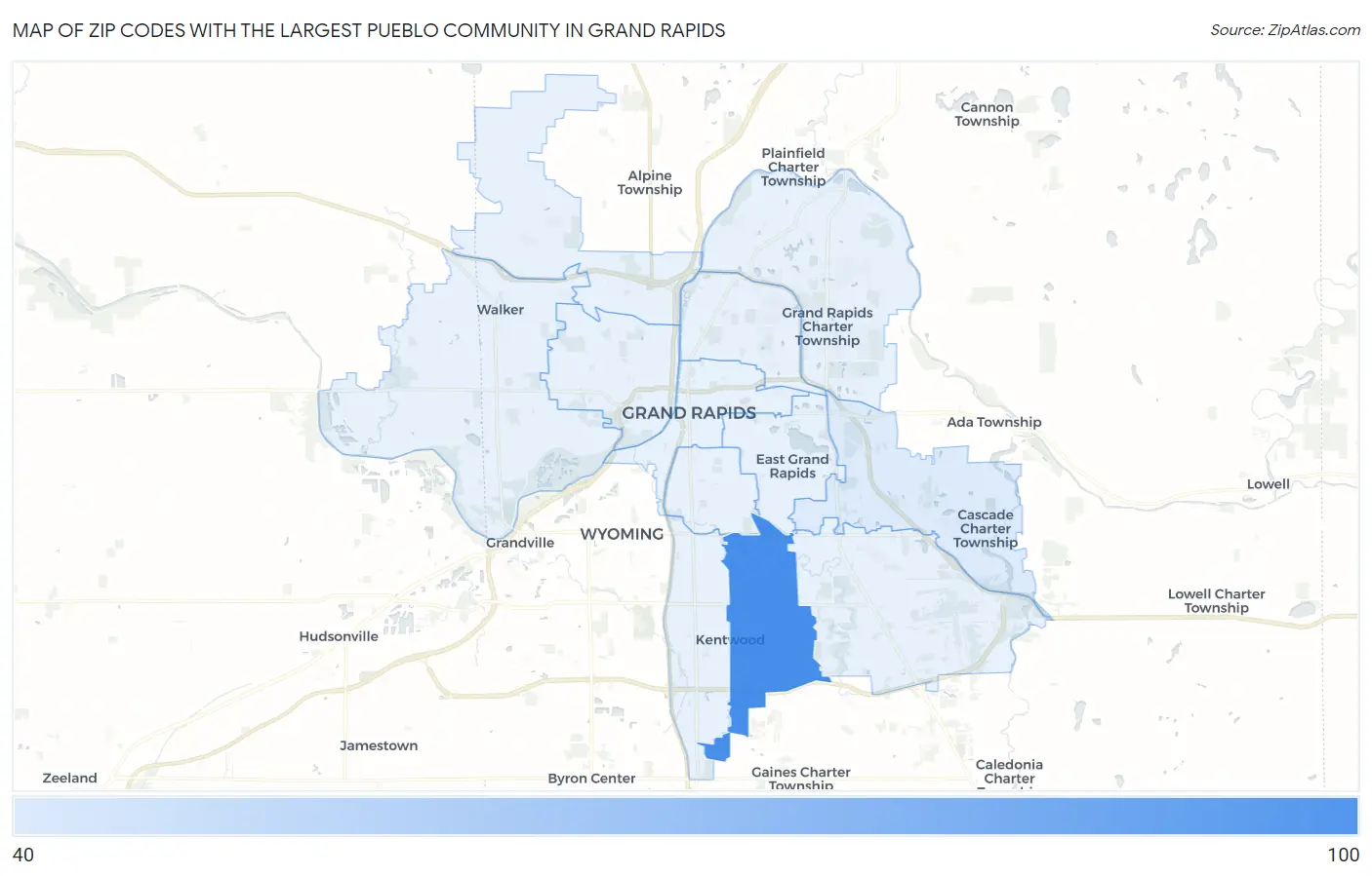 Zip Codes with the Largest Pueblo Community in Grand Rapids Map