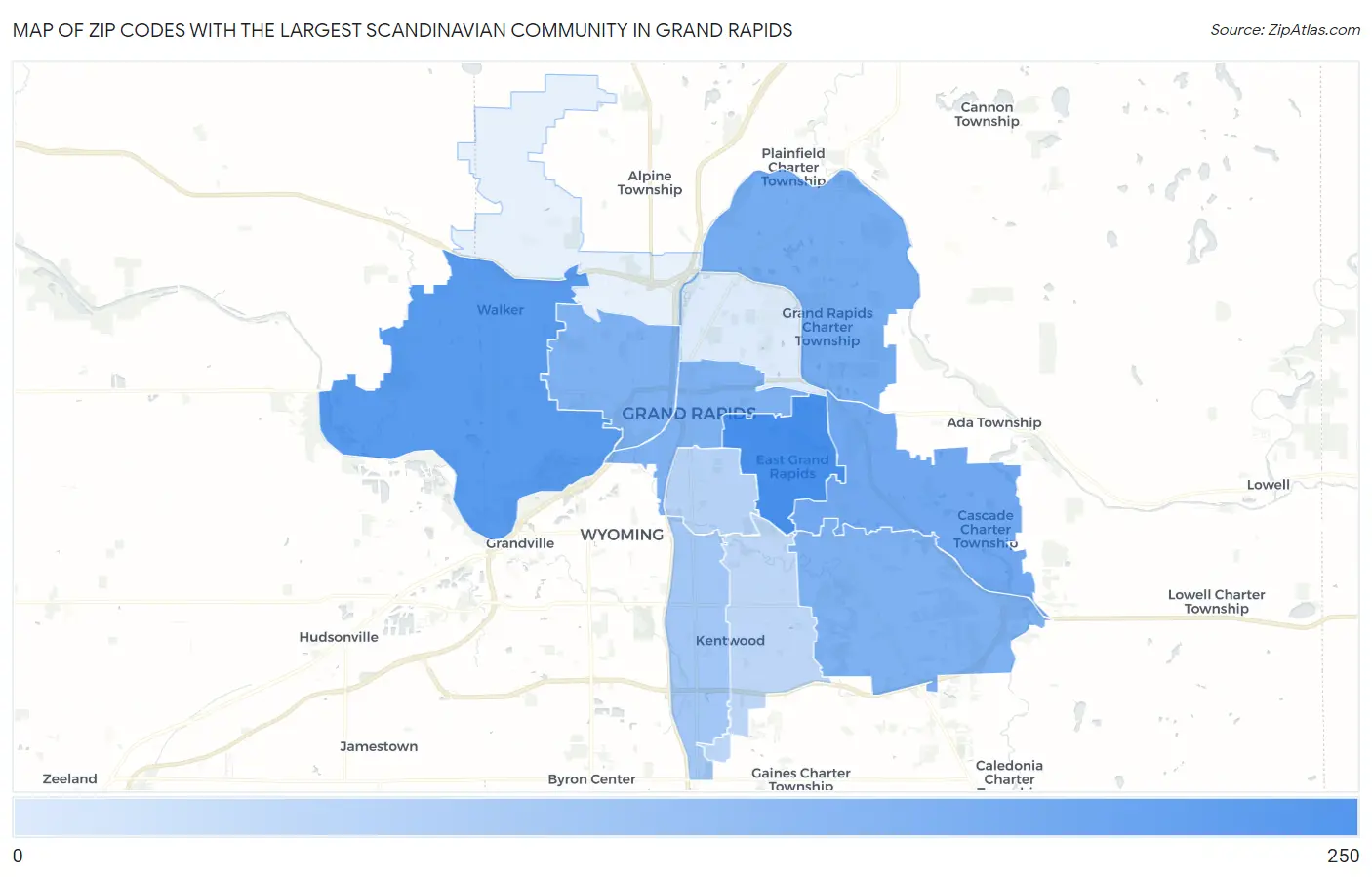 Zip Codes with the Largest Scandinavian Community in Grand Rapids Map