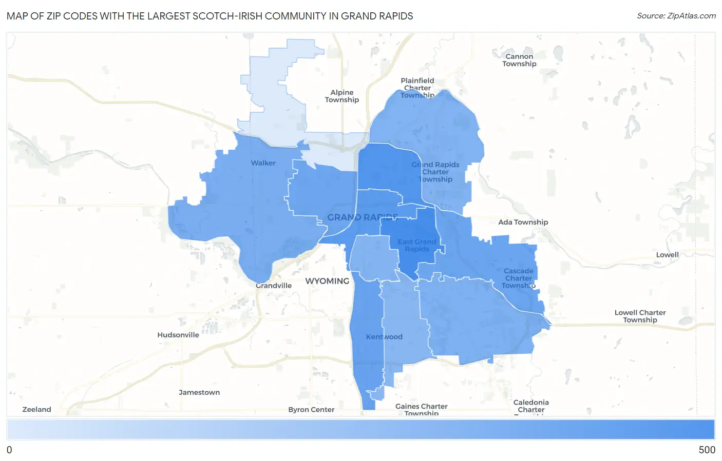Zip Codes with the Largest Scotch-Irish Community in Grand Rapids Map